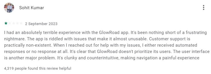Lack of Customer Support in glowroad app
