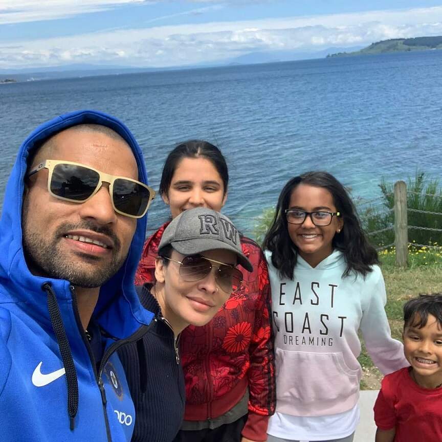 Shikhar Dhawan with wife Aesha and her daughters Aliyah and Rhea along with their son Zoravar