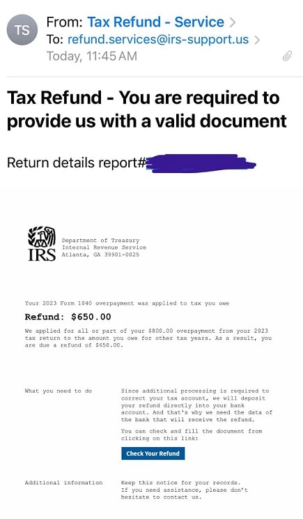 IRS Tax Refund Fake Email of $650 from Email from refund.services@irs-support.us
