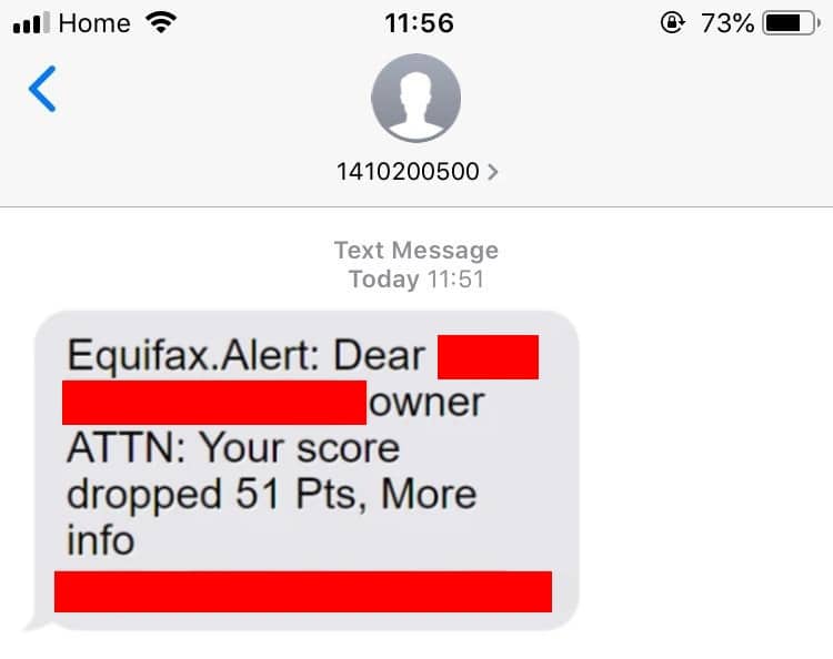 Noortimer Credit Score Dropped Text Scam from 1410-200-500