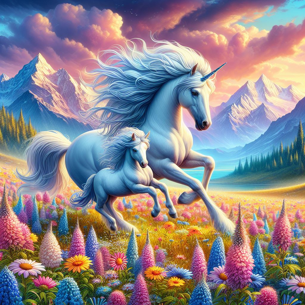 A mother unicorn and her baby galloping through a field of vibrant wildflowers, with a majestic mountain range in the background.