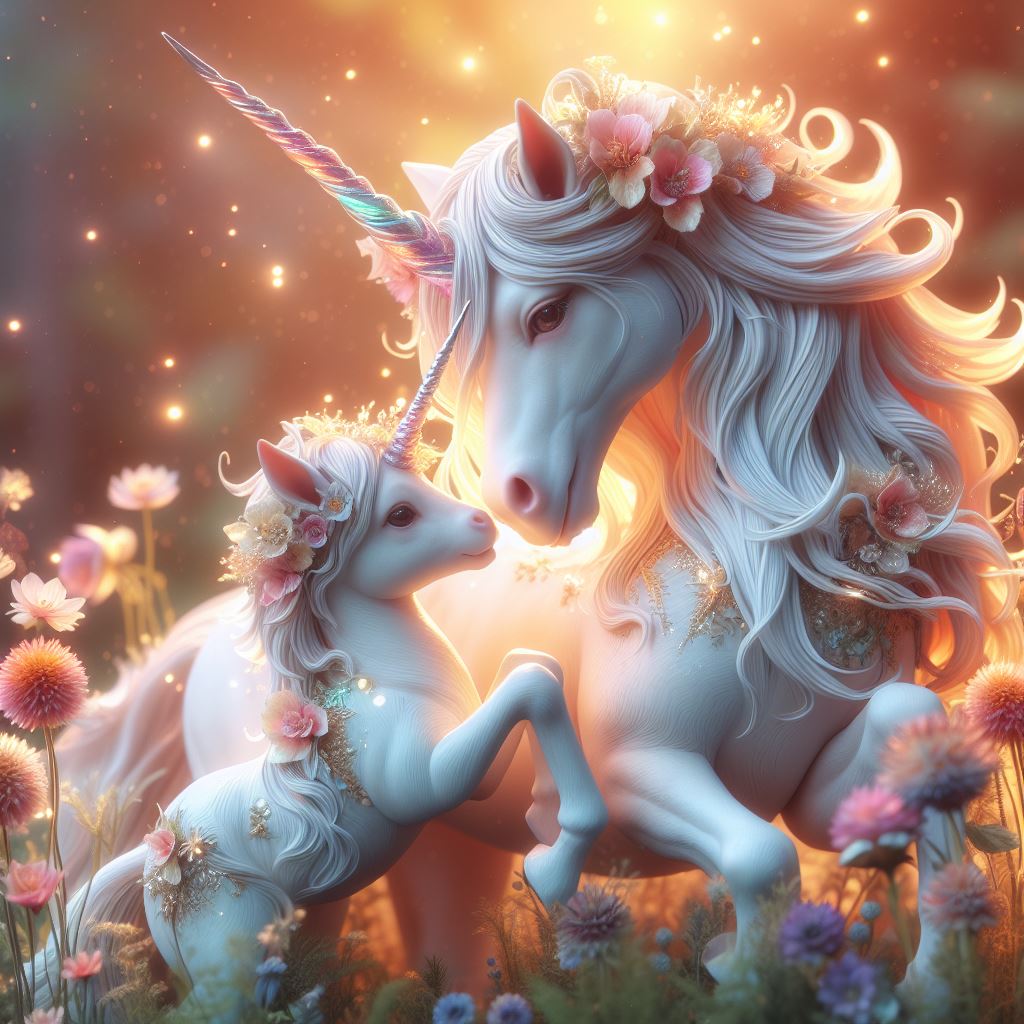 The mother unicorn nuzzling her baby, their horns glowing softly as they stand amidst the swaying flowers.