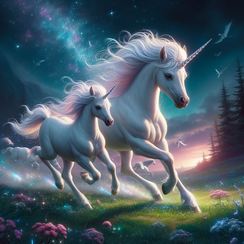 The pair racing through the meadow, their hooves barely touching the ground, leaving a trail of sparkles in their wake.