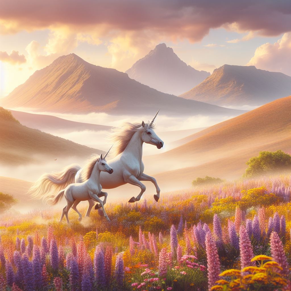A Mother and Baby unicorn running across of field of wildflowers with a mountain in the background