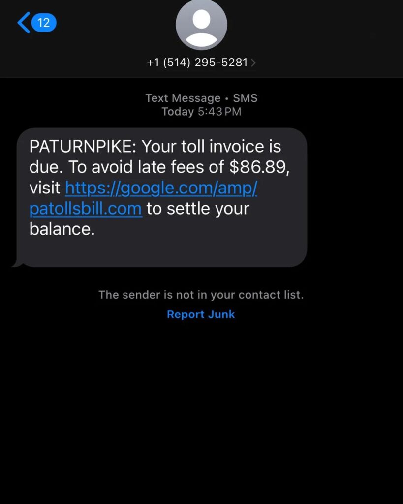 PA Turnpike Smishing Fradulant Text
