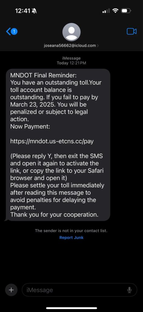 fake MnDOT scam text example