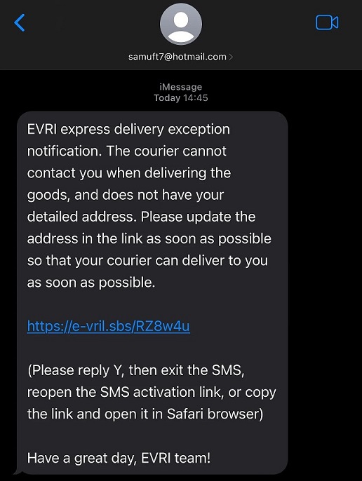 EVRI Express Delivery Exception Text Message