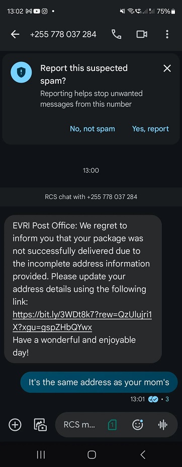 EVRI Post Office Alert Text