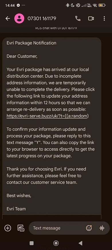 Evri Package Notification Scam text