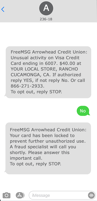 Fake Arrowhead Credit Union Text Message