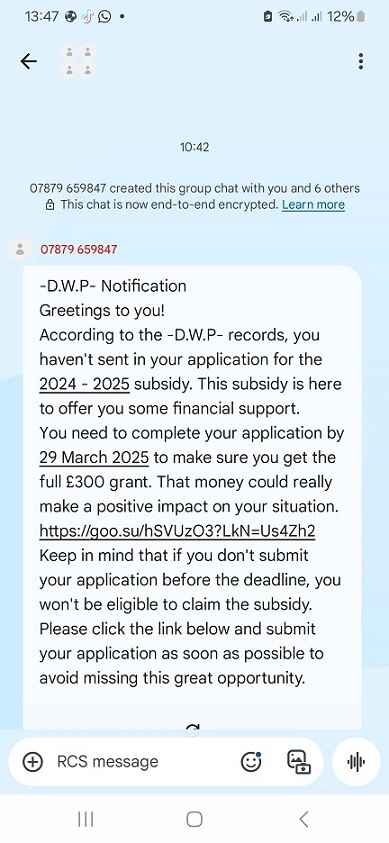 Fake DWP Subsidy Payment Text