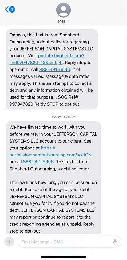 Fake Jefferson Capital Systems Debt Collection Text