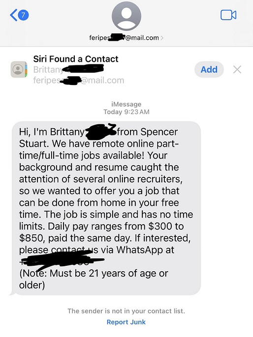 Fake Spencer Stuart Impersonation Remote Job Offer Text