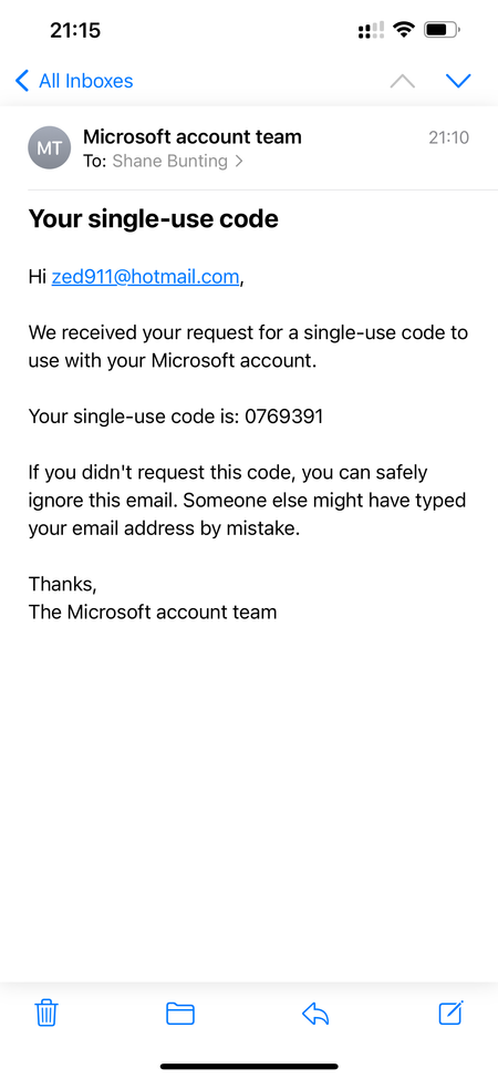 Microsoft Single-Use Codes email