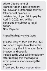 UTAH Department of Transportation Final Reminder fraud Text