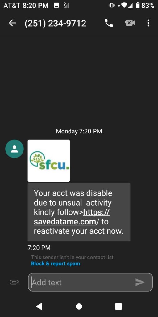 Fake Sidney Federal Credit Union (SFCU) Text
