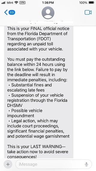 FDOT fake Toll Payment texts